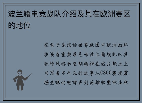 波兰籍电竞战队介绍及其在欧洲赛区的地位